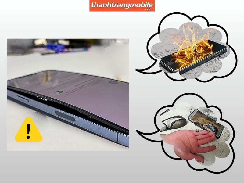 Bị đè ép và viên pin iPhone bị phù Thói quen hay để điện thoại dưới gối khi ngủ của bạn sẽ tạo ra một sức ép đè nén lên mặt kính suốt cả đêm. Ngoài ra, viên pin iPhone dùng lâu ngày bị phù to sẽ đẩy cong tấm nền từ phía mặt lưng lên. Hơn thế nữa, nếu tiếp tục cố sử dụng khi pin đã phồng to, nguy cơ cháy nổ là rất cao và có thể ảnh hưởng trực tiếp đến sự an toàn của bạn.