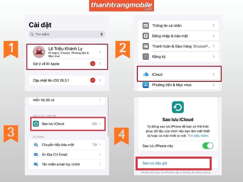 Đồng bộ dữ liệu khẩn cấp qua iCloud Để đề phòng trường hợp vết mực lan rộng làm liệt toàn bộ màn hình, bạn hãy đẩy mọi dữ liệu trong máy bạn lên đám mây ngay lập tức theo cách sau: Vào ứng dụng Cài đặt, bấm vào tên tài khoản Apple ID của bạn ở dòng đầu tiên. Chọn mục iCloud > Sao lưu iCloud. Bấm vào dòng Sao lưu bây giờ và đợi máy chạy xong để lưu giữ toàn bộ hình ảnh, danh bạ.