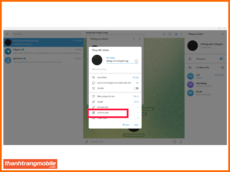 chọn add admin để chọn thành viên lên admin khi tạo group telegram trong cách tạo nhóm trên telegram