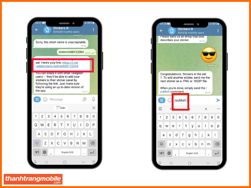 Nhập /publish để hoàn tất cách tạo sticker trên Telegram và cách tạo sticker tự làm trên Telegram