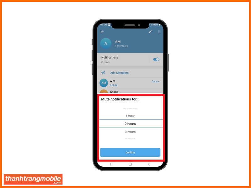 chọn vào Mute và chọn thời gian thích hợp để biết cách tắt thông báo trên Telegram