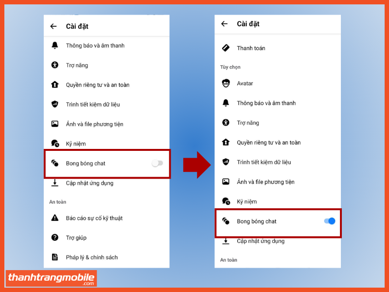 Bước 2: Gạt sang phải bong bóng chat