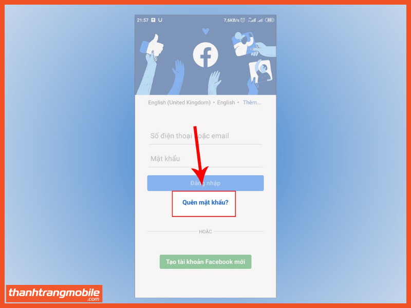 Lấy lại mật khẩu Facebook bằng số điện thoại bước 1