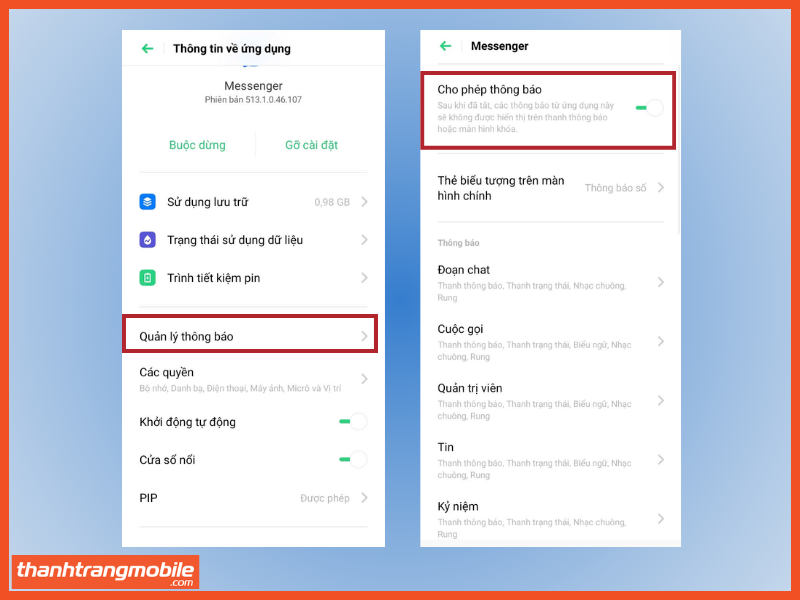 Bước 3: Gạt phải cho phép nhận thông báo
