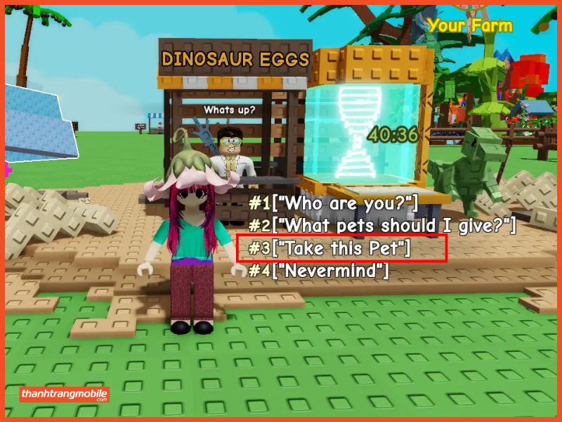 Giao diện chọn tùy chọn "Take this Pet" khi trao đổi thú cưng để nhận Dinosaur Egg từ NPC Graham trong Grow a Garden.