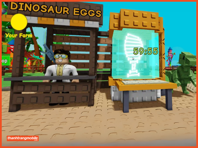 Khu vực Dinosaur Eggs và cỗ máy DNA đang đếm ngược thời gian trả phần thưởng trứng khủng long trong Grow a Garden.
