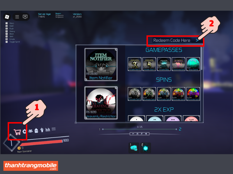 Vào mục Shop để nhập code Jujutsu Infinite update, nhận spin miễn phí. 