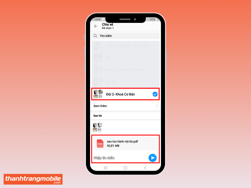Chọn nhóm để chia sẻ file PDF qua ứng dụng Zalo trên điện thoại – hướng dẫn cách gửi file qua Zalo cho nhiều người cùng lúc.