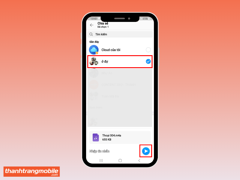 Cách gửi file qua Zalo – Chọn người nhận trong danh sách bạn bè Zalo và nhấn biểu tượng gửi để hoàn tất chia sẻ file ghi âm. 