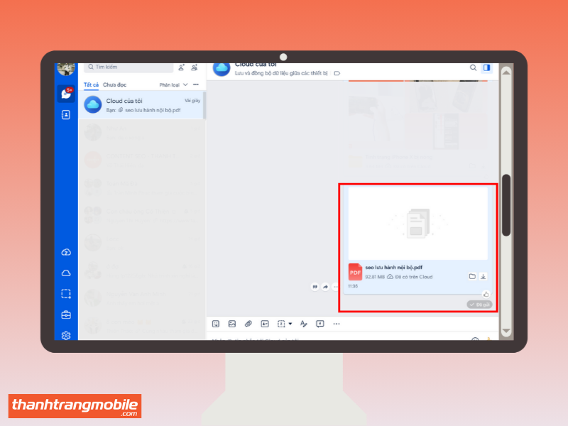 Cách gửi file qua Zalo và kiểm tra trạng thái gửi thành công trong khung chat Zalo trên máy tính. 