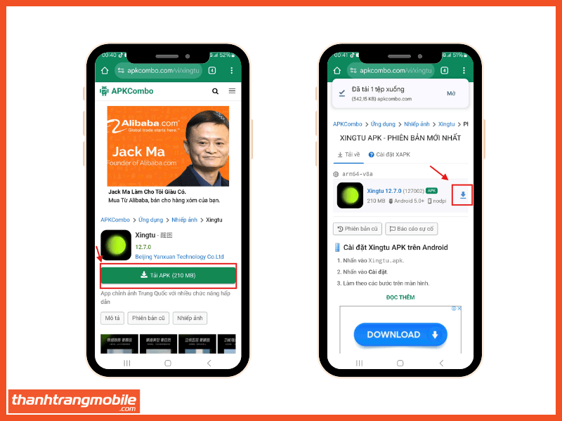 nhấn vào tải APK để tải xuống và nhấn vào biểu tượng dowload và tải app xingtu醒图