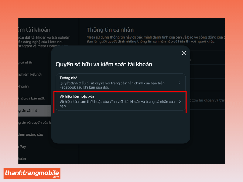 Cách xóa tài khoản Facebook vĩnh viễn trên máy tính – chọn Vô hiệu hóa hoặc xóa Facebook.