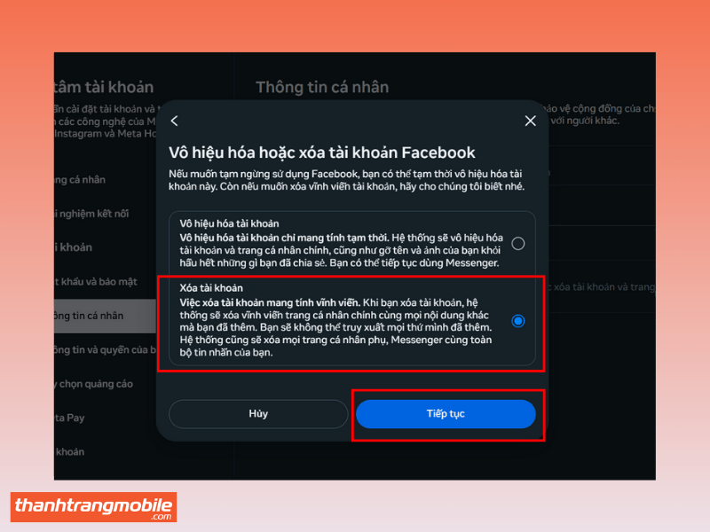 Cách xóa tài khoản Facebook vĩnh viễn trên máy tính – xác nhận thông báo và nhấn Tiếp tục.