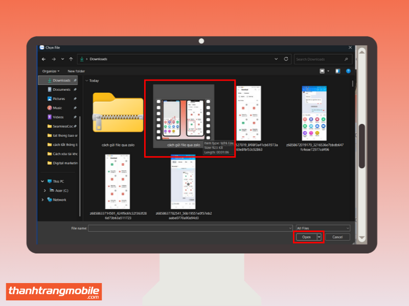 Cửa sổ chọn tệp video ghi âm với tên “cách gửi file qua Zalo” từ thư mục Downloads, minh họa thao tác gửi file qua Zalo trên máy tính.