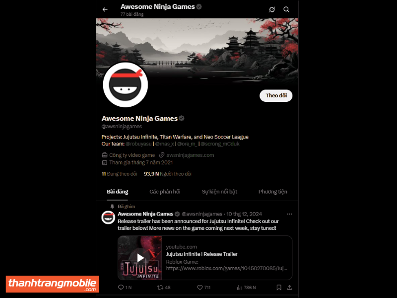 Tài khoản X @awsninjagames – theo dõi code Jujutsu Infinite và sự kiện mới. 