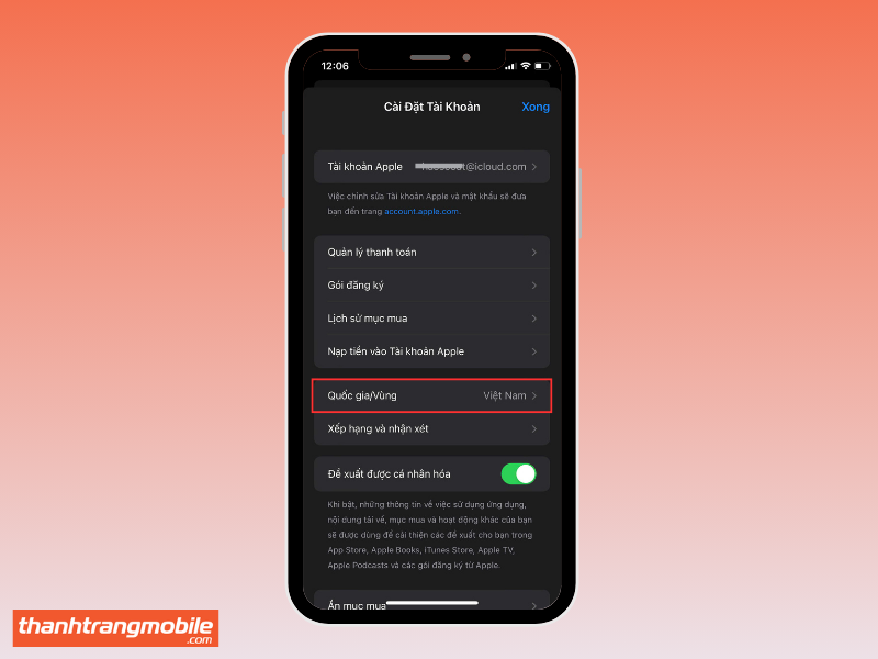 Chọn mục Quốc gia/Vùng trong phần cài đặt tài khoản để cài đặt Facebook Lite cho iPhone. 