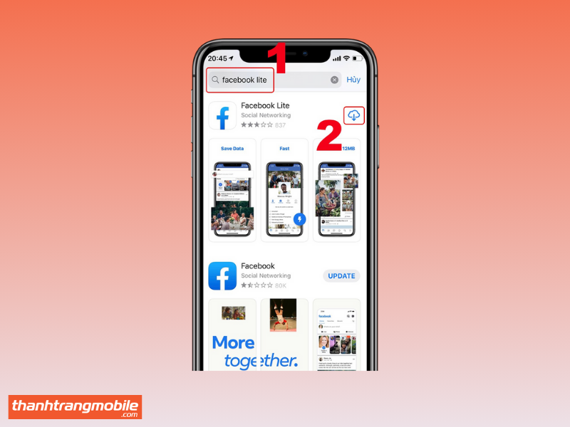 Tìm kiếm và tải Facebook Lite cho iPhone trên App Store sau khi đã chuyển vùng thành công. 