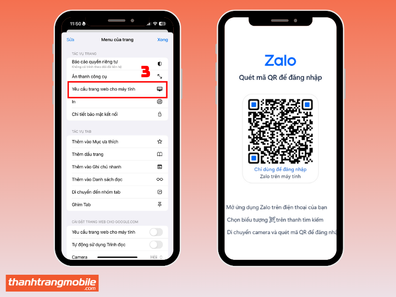 Truy cập cài đặt yêu cầu trang web cho máy tính trên trình duyệt Chrome để theo dõi Zalo người khác