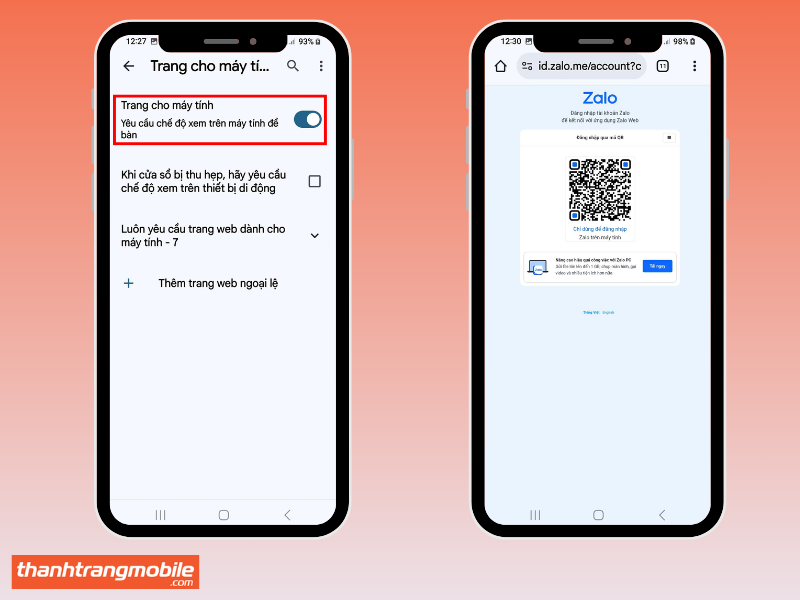 Cài đặt yêu cầu trang web cho máy tính trên trình duyệt Safari và quét mã QR để đăng nhập vào Zalo trên điện thoại, theo dõi Zalo người khác.