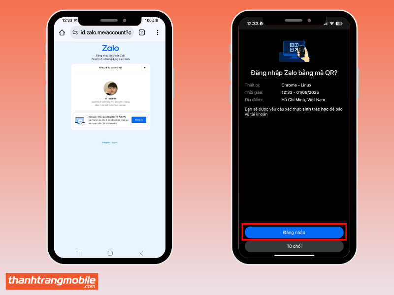 Trình duyệt Chrome hiển thị mã QR của Zalo để đăng nhập, theo dõi Zalo người khác trên điện thoại iPhone