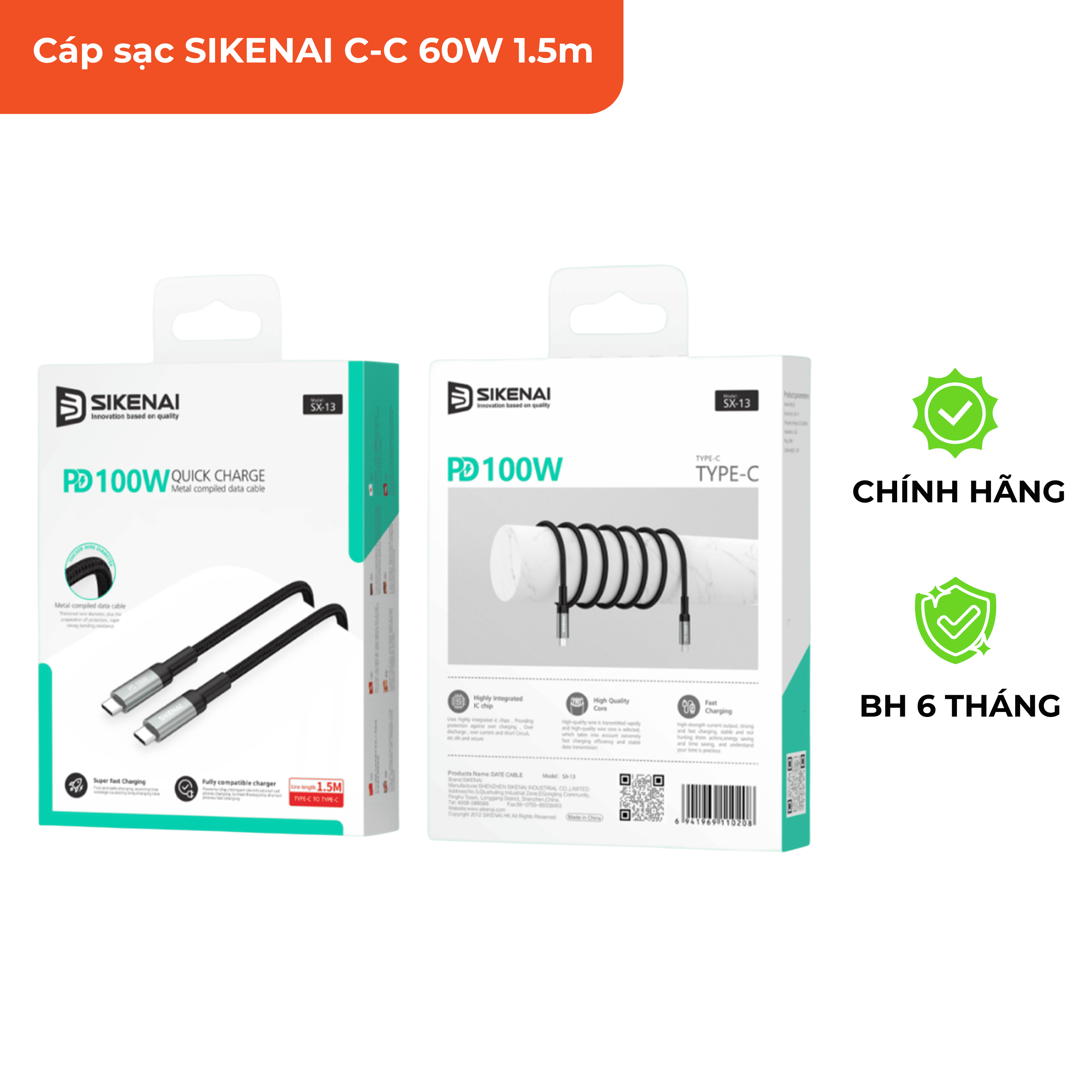 Cáp sạc SIKENAI C-C 60W 1.5m