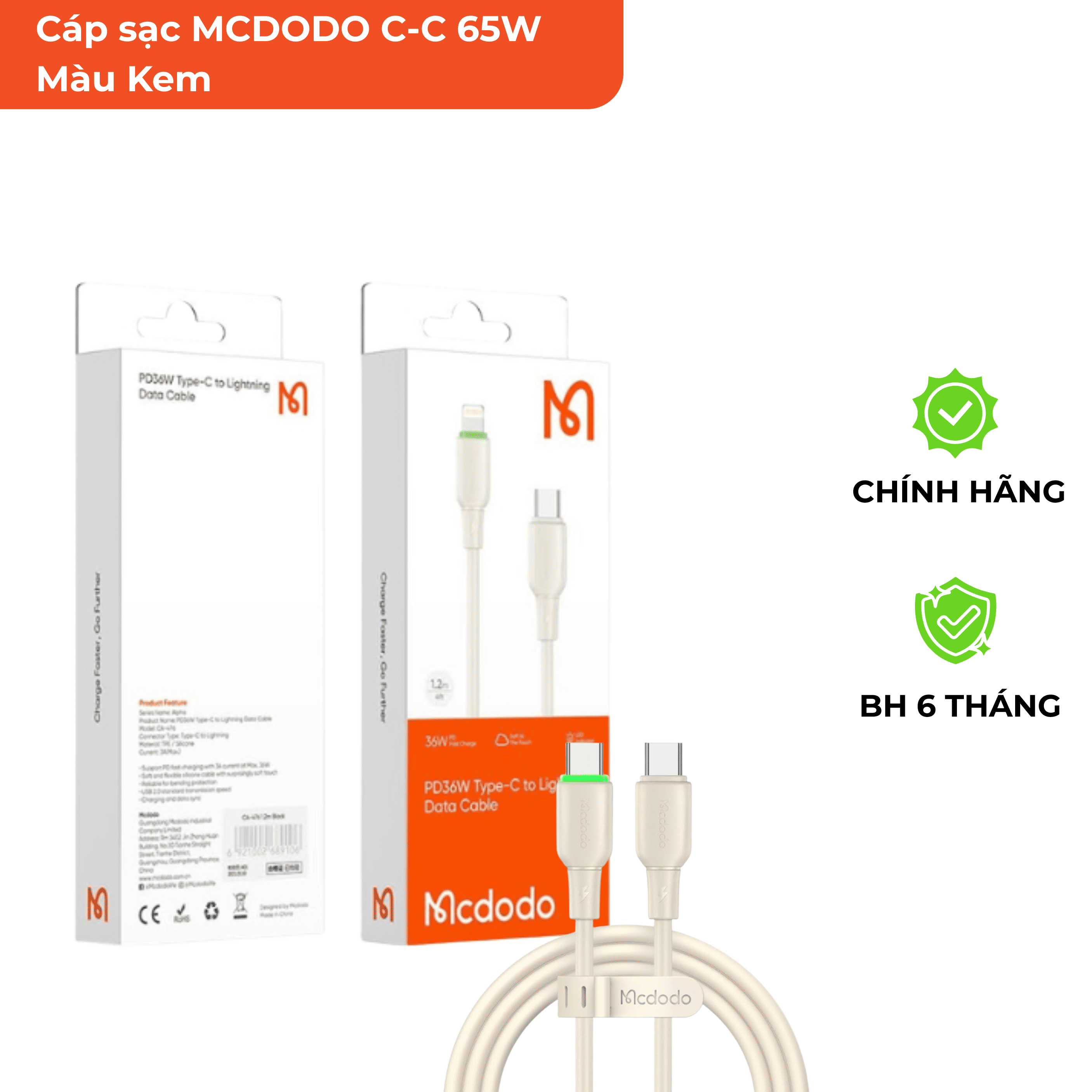 Cáp sạc MCDODO C-C 65W Màu Kem