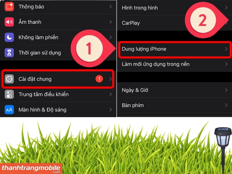 Kiểm tra dung lượng iPhone trong phần Cài đặt Chúng ta sẽ truy cập vào Cài đặt Tiếp theo chọn Cài đặt chung Cuối cùng chọn Dung lượng iPhone Tại nơi này, hệ thống sẽ hiển thị toàn bộ tổng dung lượng. Sẽ xuất hiện dung lượng đã sử dụng và dung lượng còn trống.