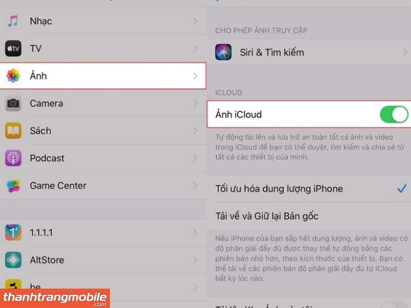 Bật Tối ưu hóa dung lượng iPhone cho ảnh vào Cài đặt > Ảnh > chọn Tối ưu hóa dung lượng iPhone