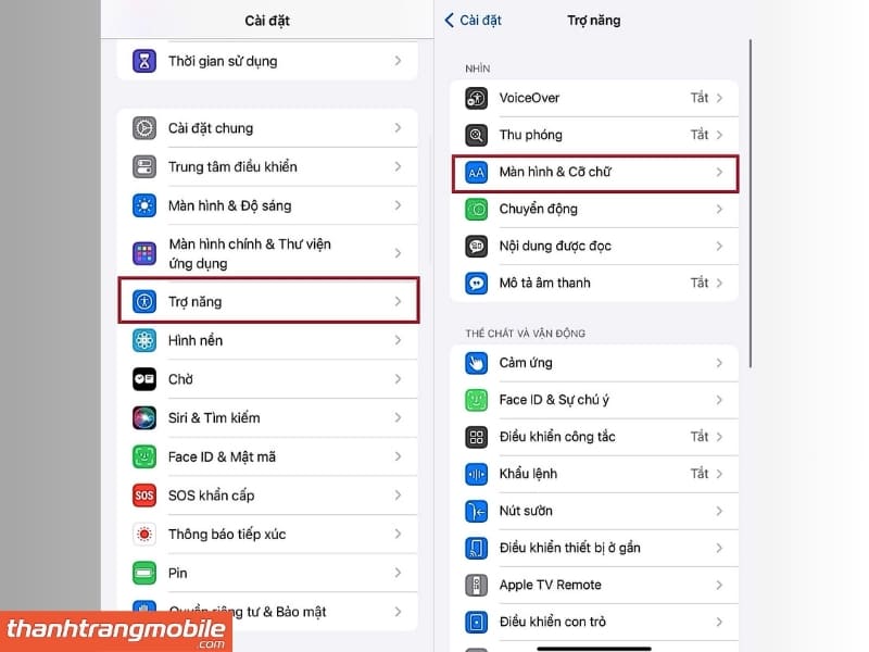 Bí kíp chỉnh "Bộ lọc màu" trắng xanh Nếu tắt True Tone mà bạn vẫn thấy ưng ý, màn hình vẫn còn hơi ngà ngà chưa trắng bóc như ý muốn, thì đây là cách tuyệt đối giúp bạn khử hoàn toàn sắc vàng. Bước 1: Vào Cài đặt > Trợ năng. Bước 2: Chọn mục Màn hình & Cỡ chữ.