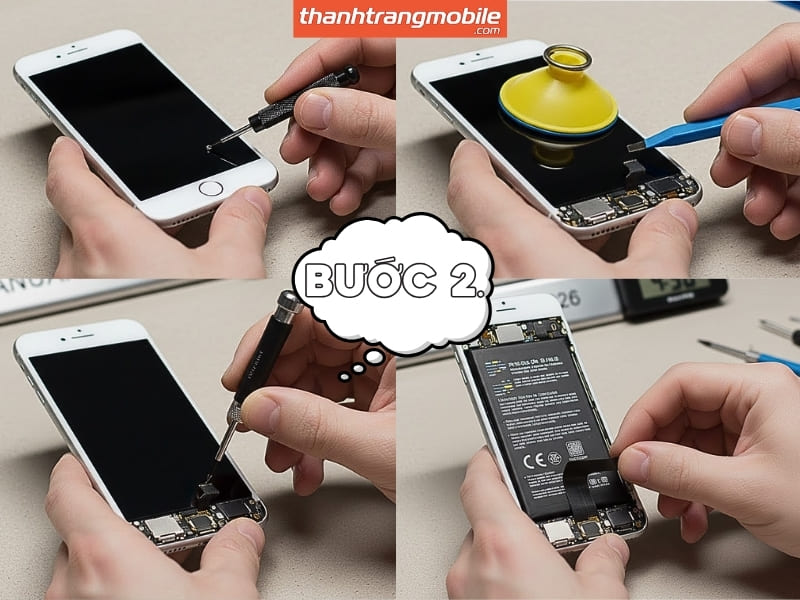 Bước 2: Tháo màn hình và gỡ pin cũ Tắt nguồn máy. Mở 2 ốc ở cạnh dưới loa. Dùng cục hít và cây nạy để tách màn hình ra khỏi vỏ (Cẩn thận kẻo đứt dây cáp màn hình ở phía trên). Tháo các ốc bảo vệ cáp pin và ngắt kết nối pin trước. Rút lớp keo su non dưới đáy pin để lấy pin cũ ra (Bước này cần kiên nhẫn, nếu keo đứt sẽ rất khó lấy).