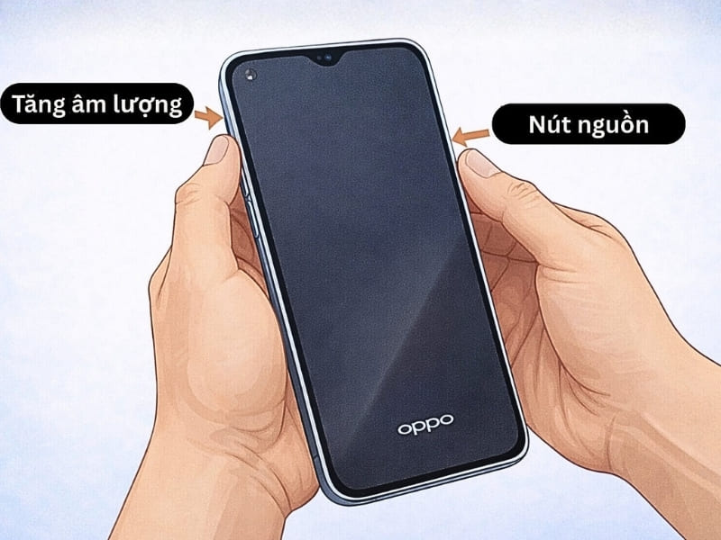 Khởi động lại chiếc điện thoại Đây là cách sửa máy Oppo bị treo logo đơn giản và an toàn nhất mà bạn nên thử: Bước 1: Nhấn giữ đồng thời nút Nguồn và nút Tăng âm lượng trong khoảng 10-15 giây. Bước 2: Chờ màn hình tắt và máy rung nhẹ thì thả tay ra. Cách này giúp thoát lỗi đơ máy an toàn mà không mất dữ liệu.