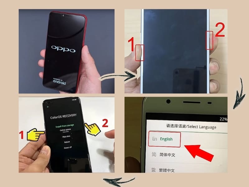 Sử dụng chế độ Recovery Việc truy cập vào Recovery Mode là cách sửa Oppo bị treo logo cực kỳ hiệu quả. Hãy làm theo trình tự sau: Bước 1: Tắt nguồn thiết bị hoàn toàn. Bước 2: Nhấn giữ cùng lúc nút Nguồn + Giảm âm lượng để tiến vào chế độ Recovery. Bước 3: Tại màn hình tùy chọn, bấm chọn ngôn ngữ English. Bước 4: Chọn "Wipe cache" (để xóa bộ nhớ đệm) hoặc chọn "Wipe data" (để xóa toàn bộ dữ liệu) nhằm dọn dẹp các tệp tin rác gây xung đột.