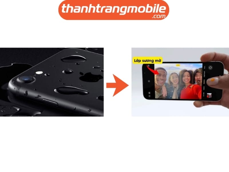 Camera trước iPhone bị mờ hơi nước bên trong Trong trường hợp camera trước iPhone bị mờ hơi nước, hình ảnh sẽ mờ, mất nét và xuất hiện các vết ố trên ống kính. Đôi khi còn thấy ánh sáng loang cầu vồng hoặc lớp màng mờ trên kính, giúp bạn dễ nhận biết.