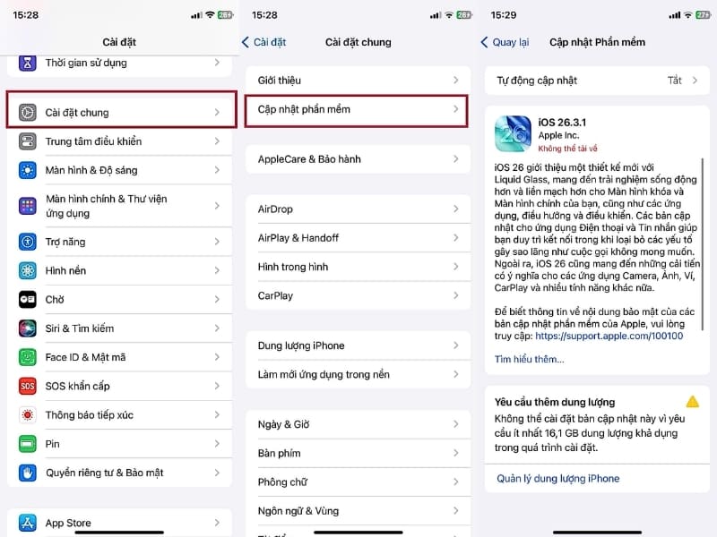 Cập nhật phần mềm iOS Hãy vào Cài đặt > Cài đặt chung > Cập nhật phần mềm để kiểm tra xem có bản vá lỗi iOS nào mới không. Apple thường xuyên tung ra các bản cập nhật để sửa các lỗi vặt liên quan đến khả năng hiển thị của màn hình OLED.