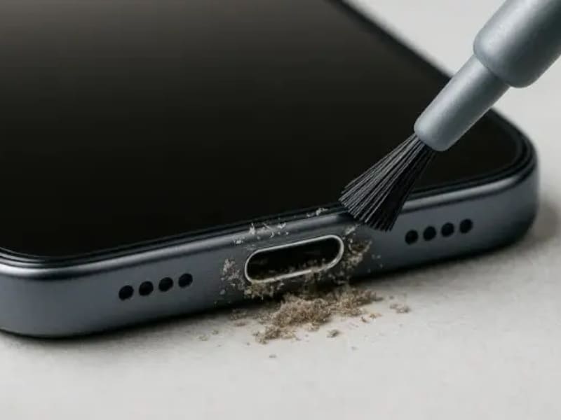 Cổng sạc bẩn nên tiếp xúc kém Đôi khi sạc không vào pin không phải do pin hay củ sạc, mà do cổng sạc bị bám bẩn. Bụi, xơ vải tích tụ lâu ngày trong khe sạc khiến chân tiếp xúc không khít, dòng điện vào chập chờn nên máy báo sạc nhưng pin không tăng.