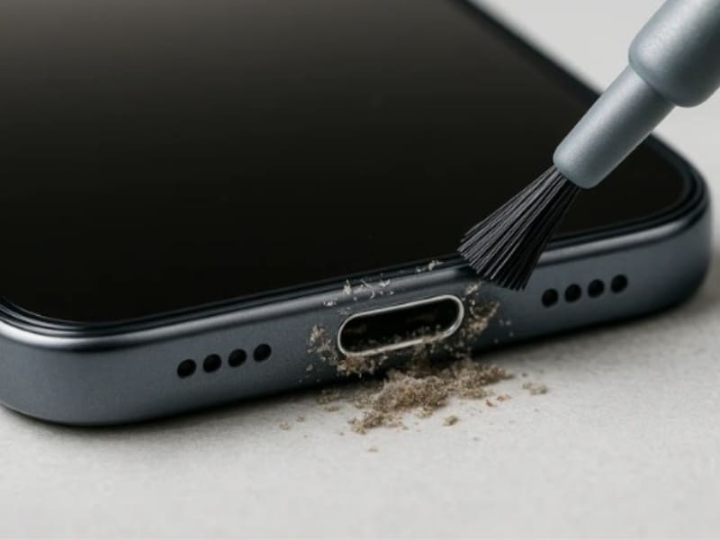 Cổng sạc iPhone bám bụi, oxy hóa Không ít trường hợp iPhone nhận sạc nhưng không vô pin xuất phát từ cổng sạc bị bẩn hoặc tiếp xúc kém. Sau một khoảng thời gian dài sử dụng, bụi bẩn, xơ vải hoặc hơi ẩm có thể dễ dàng bám vào bên trong cổng sạc, gây ra tình trạng chân sạc tiếp xúc không ổn định và ảnh hưởng đến hiệu suất.