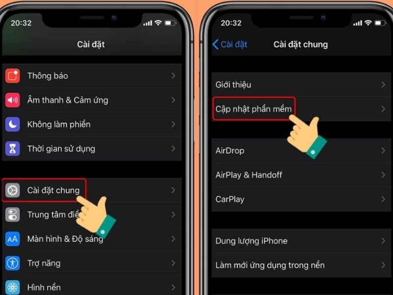 Cài đặt phiên bản iOS mới cho thiết bị Phiên bản iOS cũ hoặc lỗi hệ thống có thể khiến quá trình sạc hoạt động không ổn định. Bạn nên kiểm tra và cập nhật bằng cách vào cài đặt > cài đặt chung > cập nhật phần mềm. Cách xử lý này giúp iPhone hoạt động ổn định và hạn chế tình trạng iphone sạc không vào pin phải làm sao trong tương lai.