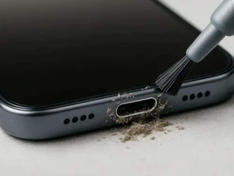 Cổng sạc bám bụi, oxy hóa Khi gặp tình trạng iPhone sạc không ổn định, nhiều người thường bỏ qua nguyên nhân từ cổng sạc. Đây là bộ phận tiếp xúc trực tiếp với dây sạc nên rất dễ tích tụ bụi bẩn hoặc bị oxy hóa theo thời gian. Khi kết nối không còn ổn định, dòng điện đi vào bị gián đoạn khiến máy sạc chập chờn hoặc không vào pin.