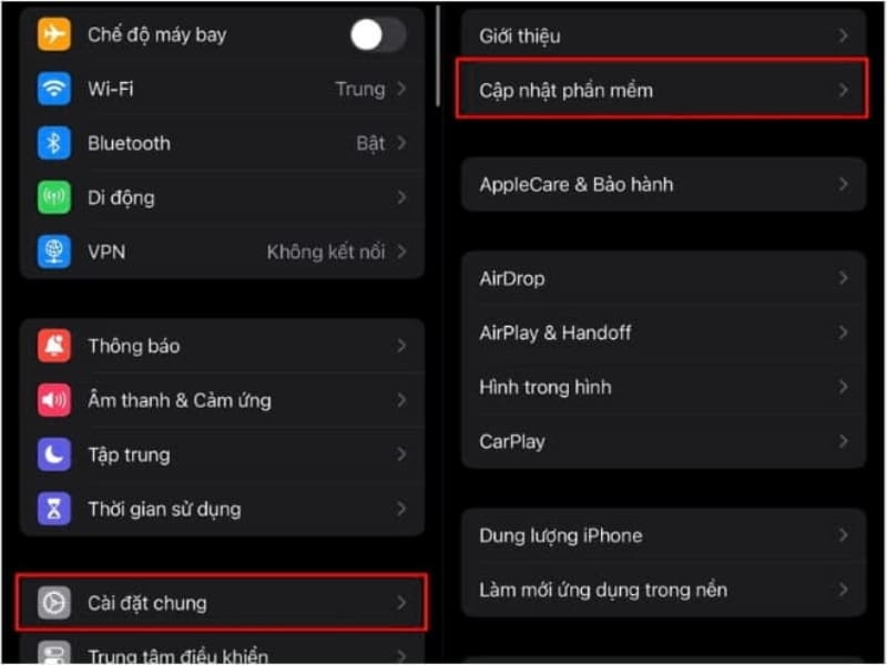 Cập nhật iOS phiên bản mới Một số lỗi phần mềm có thể khiến hệ thống hiển thị pin sai hoặc làm quá trình sạc không ổn định, dẫn đến iPhone sạc pin không lên phần trăm. Để khắc phục, bạn hãy vào cài đặt > cài đặt chung > cập nhật phần mềm, sau đó tải và cài đặt phiên bản iOS mới nhất.
