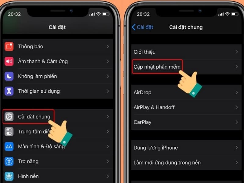 Cập nhật lên phiên bản iOS mới nhất Nếu thiết bị gặp tình trạng hao pin bất thường, việc cập nhật lên phiên bản iOS mới có thể giúp máy hoạt động ổn định hơn. Bạn chỉ cần vào cài đặt > cài đặt chung > cập nhật phần mềm để kiểm tra và cập nhật phiên bản iOS mới nhất.